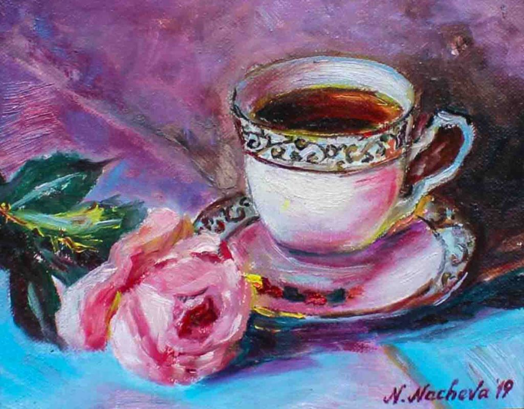 The image depicts a painting titled English Tea by the artist Neda Nacheva. The work is a vibrant realistic still life painting of a china cup and saucer. The cup is filled with tea. Besides the cup and saucer is a pink rose. The image supports the poem English Breakfast Tea written by the poet Anita Bacha.
