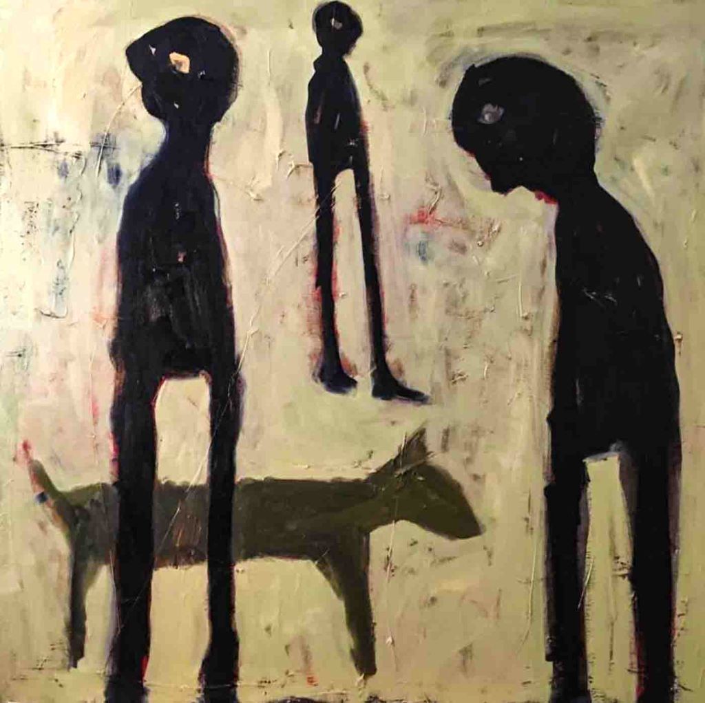 The image depicts a painting titled The Way We Were by the artist Ali Asad. The work is a semi-abstract conceptual folk painting of three male figures with a dog on a plain off white  background. The image supports the poem The Way We Were written by the poet Goff James.